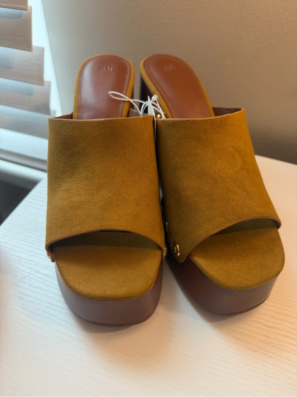 H&M Mustard faux Suede Platform Slide Mules